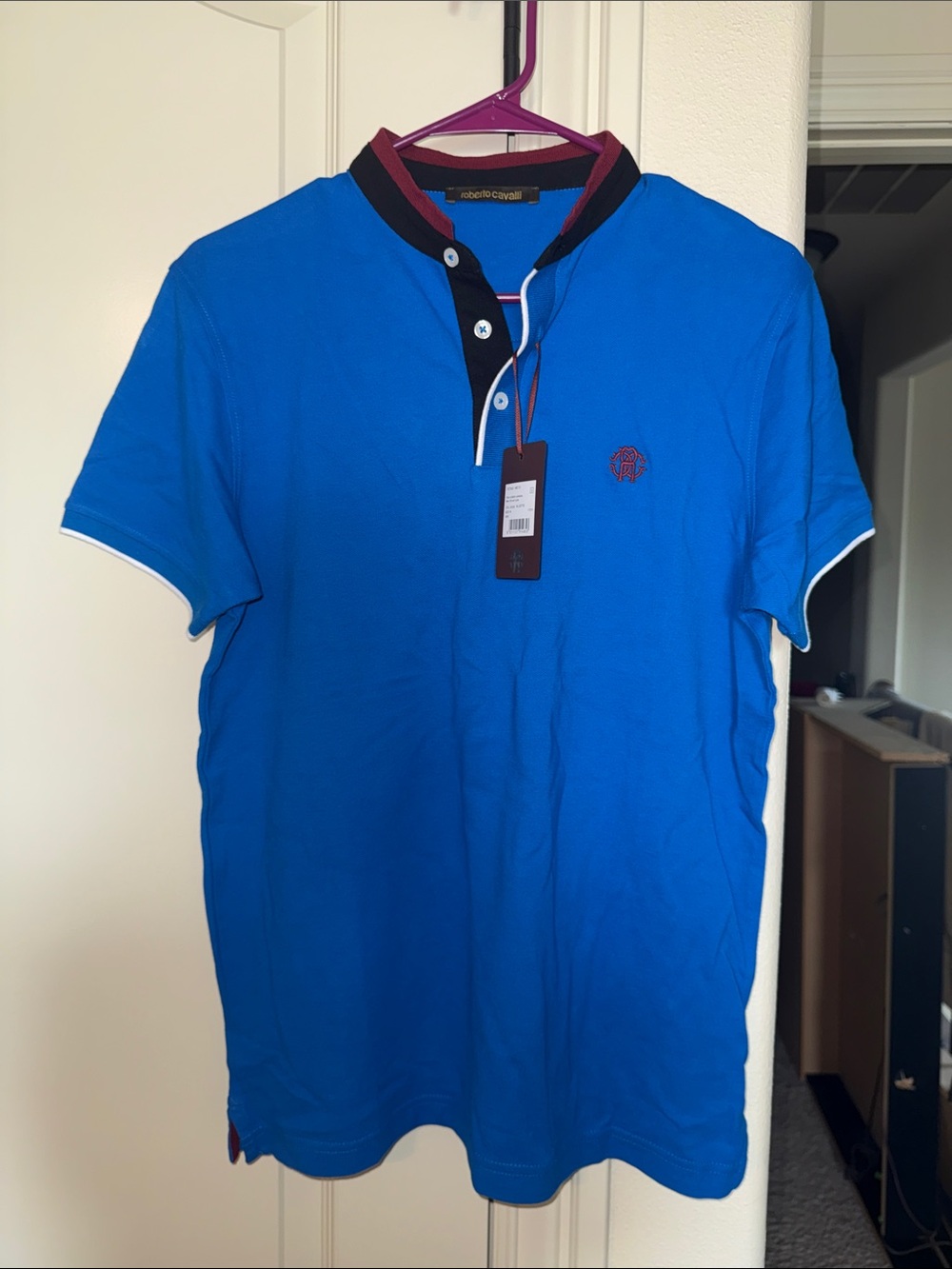 Roberto Cavalli Men's Bright Blue Polo with Black & Burgundy Trim